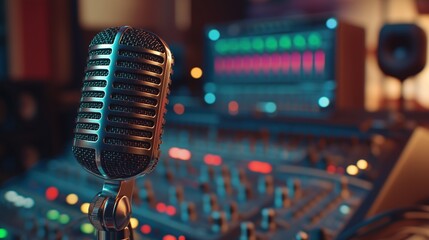 A vintage microphone stands in front of a sound mixing console, capturing the essence of music production in a professional studio setting.