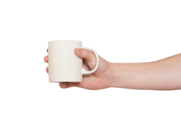 Hand holding White ceramic mug Isolated on transparent background, png