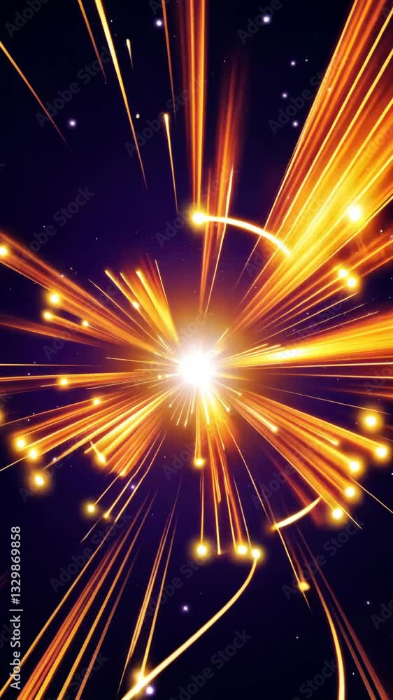 Poster a bright orange light is shooting out from the center of the image. there are many small orange stre