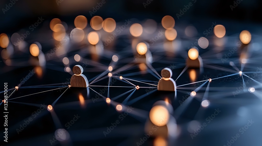 Poster network of connected human figures with glowing nodes and lines representing digital connections on 