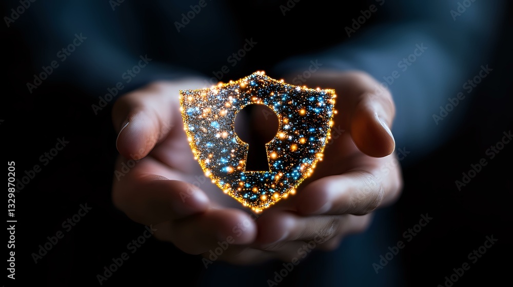 Aufkleber glowing shield with keyhole symbol held in cupped hands against dark background, representing digita
