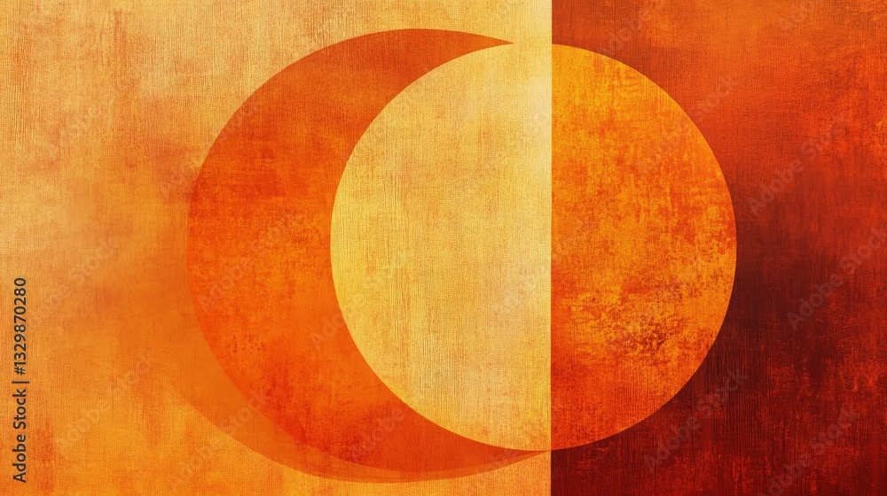 Poster abstract orange and red textured artwork with overlapping circles and crescent shapes