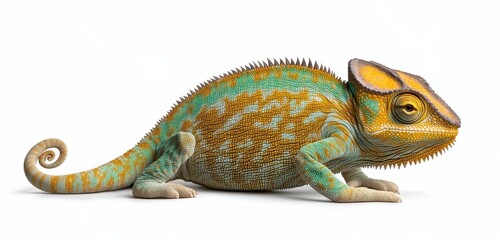Obraz premium Vibrant Chameleon Profile Close Up Teal, Yellow, and Black Scales on White Background