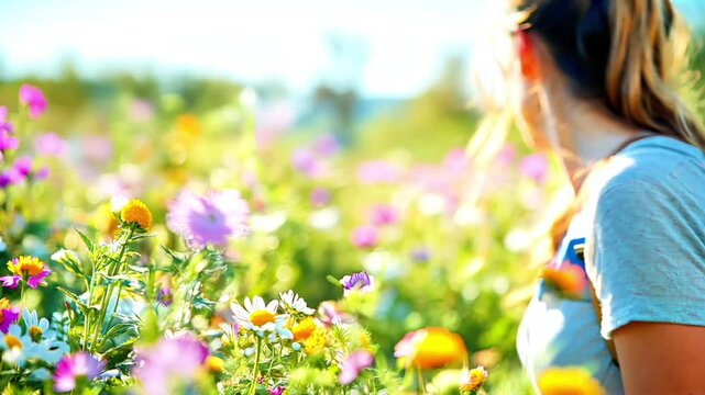 Smiling Woman in Organic Garden Surrounded by Blooming Flowers and Greenery &ndash; Happy Gardener Enjoying Nature and Sustainable Farming Outdoors