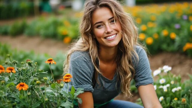 Smiling Woman in Organic Garden Surrounded by Blooming Flowers and Greenery &ndash; Happy Gardener Enjoying Nature and Sustainable Farming Outdoors