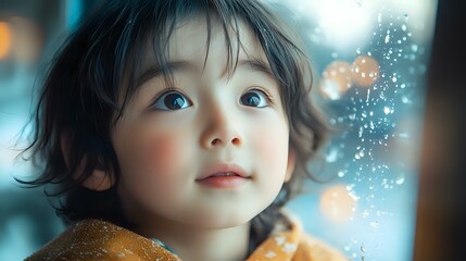 Naklejka premium Young Asian girl with innocent expression and bright blue eyes gazes upward dreamily against blurred bokeh lights and magical sparkles in winter atmosphere.