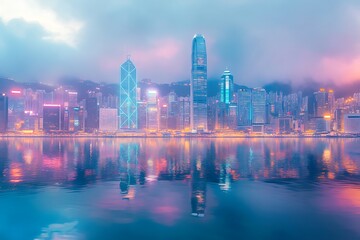 Obraz premium Dreamy Hong Kong cityscape at dawn, reflecting in calm waters.