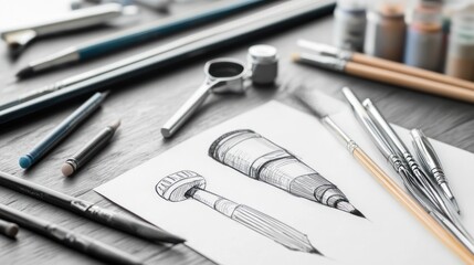 Artistic drawing tools surround a sketch on a white sheet of paper