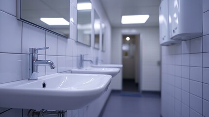 Fototapeta premium White washroom sinks in a clean commercial restroom