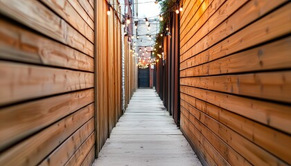 A narrow wooden walkway lined with warm string lights, creating an inviting atmosphere in a cozy alley.