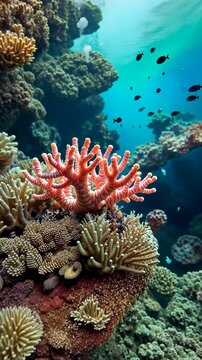 A coral reef with a red coral and a green coral. There are fish swimming around the coral