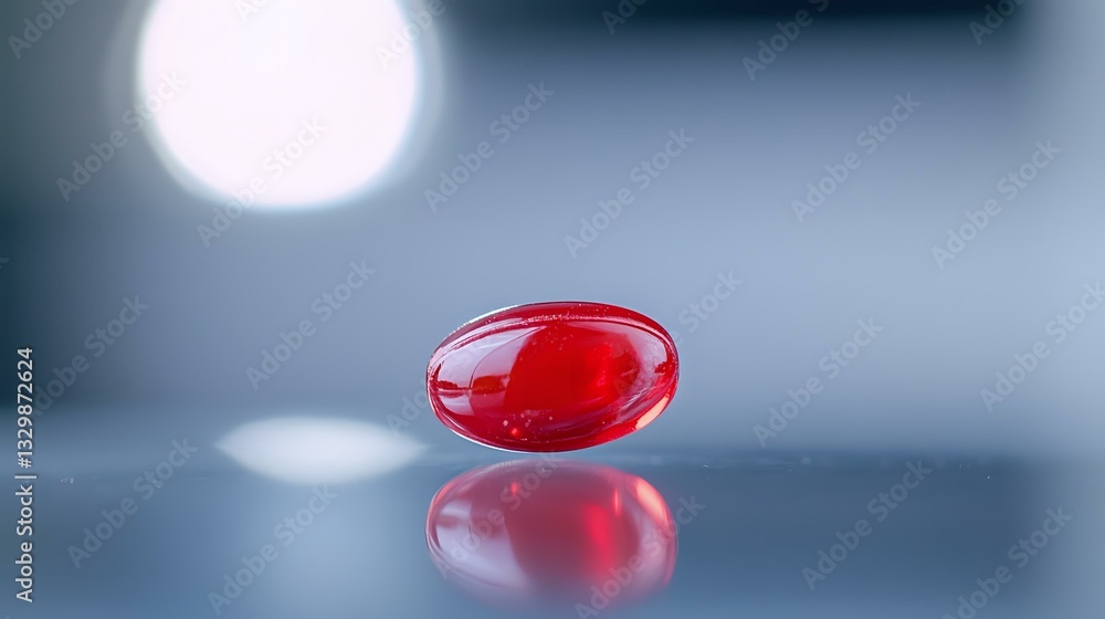 Poster Red transparent pill capsule floating with reflection on smooth surface against blurred background with bokeh light effect.