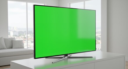 Fototapeta premium Green Screen Television Set in Modern Living Room with City View