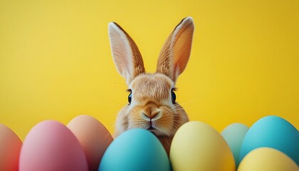 Fototapeta premium Easter bunny peeking from colorful eggs.