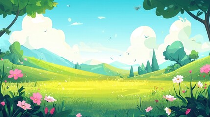 Fototapeta premium Serene Spring Meadow Landscape Rolling Hills Blossoming Flowers and a Clear Blue Sky