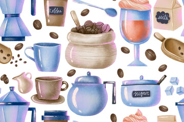 Barista coffee seamless pattern Hand drawn espresso coffee, latte.  Equipment for making coffee. Set of isolated coffee elements. Mug, cup, kettle, milk. Endless background