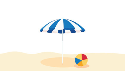 Vibrant beach umbrella and ball on sandy beach, summer relaxation