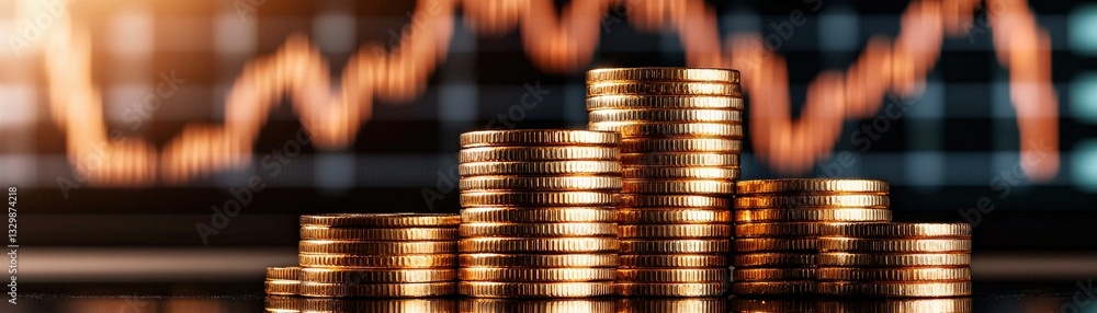 Poster a close-up of stacked coins in the foreground, with a fluctuating financial graph in the background,