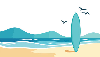Vibrant surfboard standing by ocean waves, summer serenity