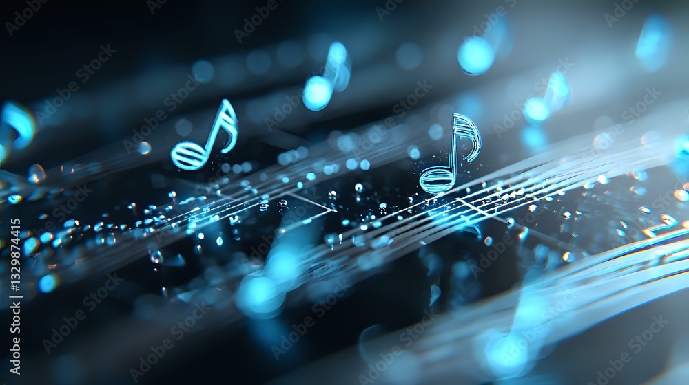 Poster glowing blue musical notes and staves float over dark background with bokeh light effects and shimme