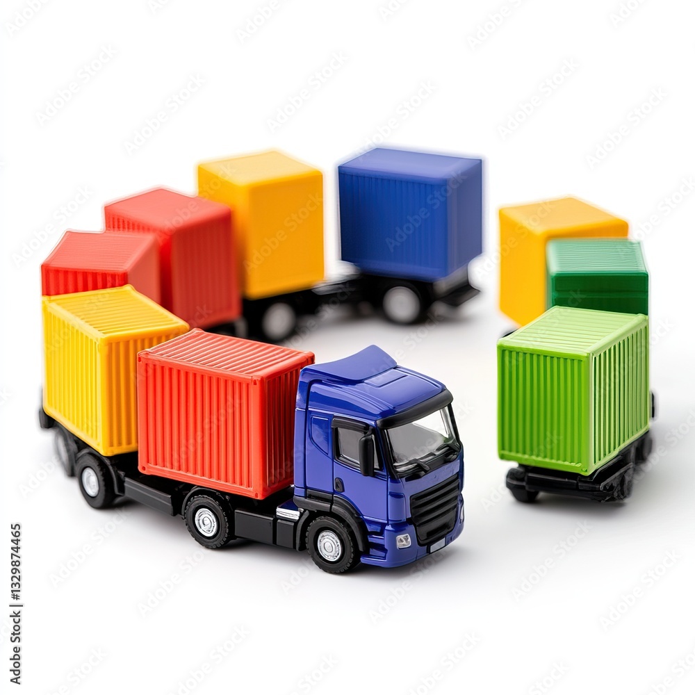 Poster a colorful arrangement of miniature trucks with containers, showcasing a playful representation of t
