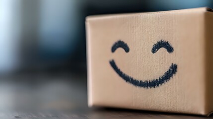 Simple drawn smiley face on cardboard package creates positive emotional mood, customer satisfaction concept for business and delivery service background.
