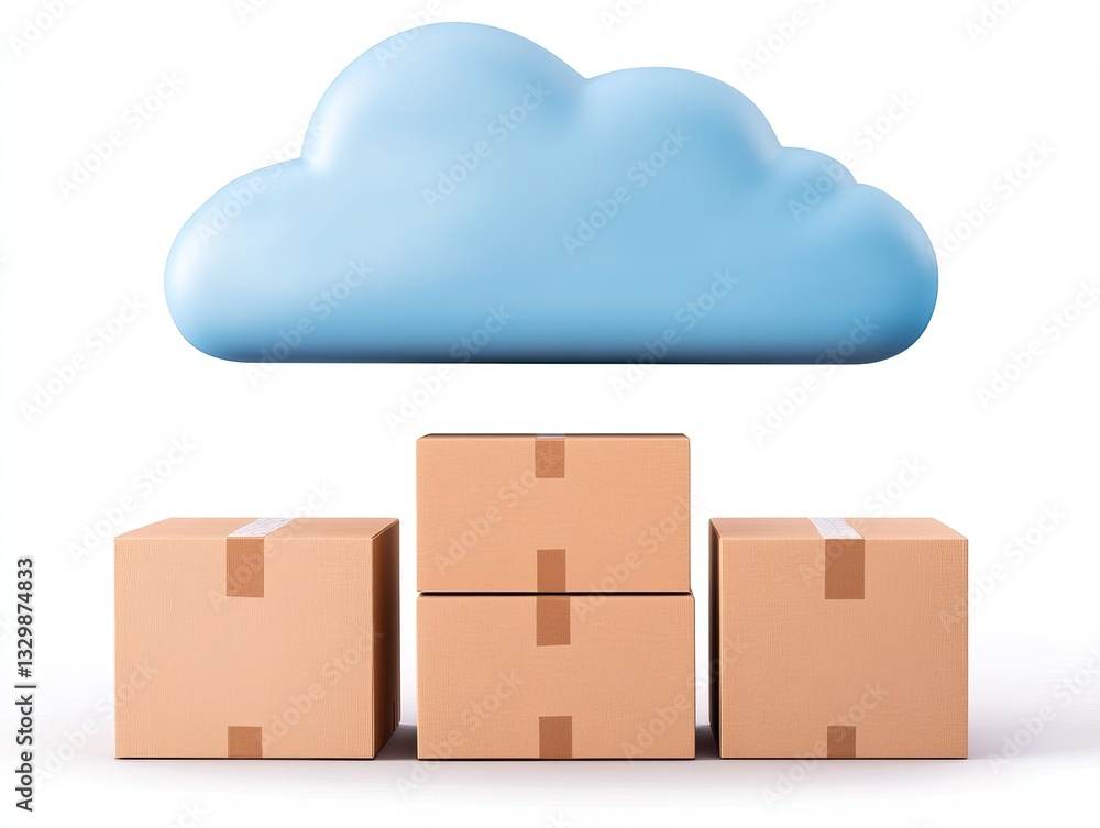 Poster a blue cloud floats above three stacked cardboard boxes, representing storage and cloud computing co