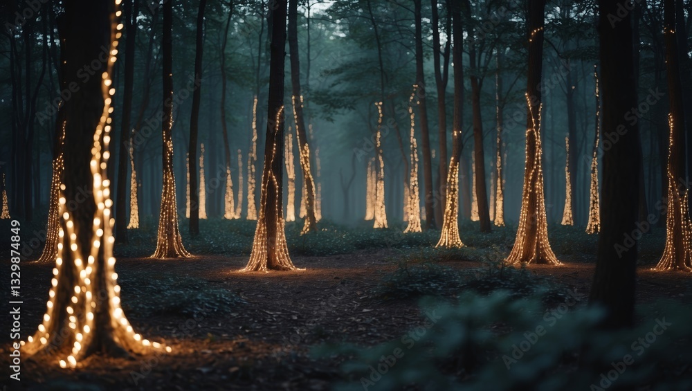 Poster enchanted evening walk through a forest illuminated by soft fairy lights wrapped around tree trunks