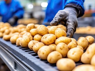 A worker in gloves sorts fresh potatoes on a conveyor belt in a processing facility, showcasing industrial food handling and agriculture.