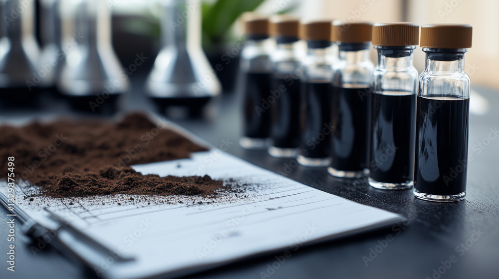 Poster a close-up of a scientistâs notepad, filled with handwritten soil analysis data, next to a set of 