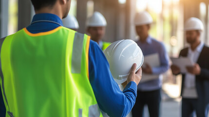Fototapeta premium Construction Site Supervisor Holding Hard Hat and Blueprint with Engineers Discussing Project in Background