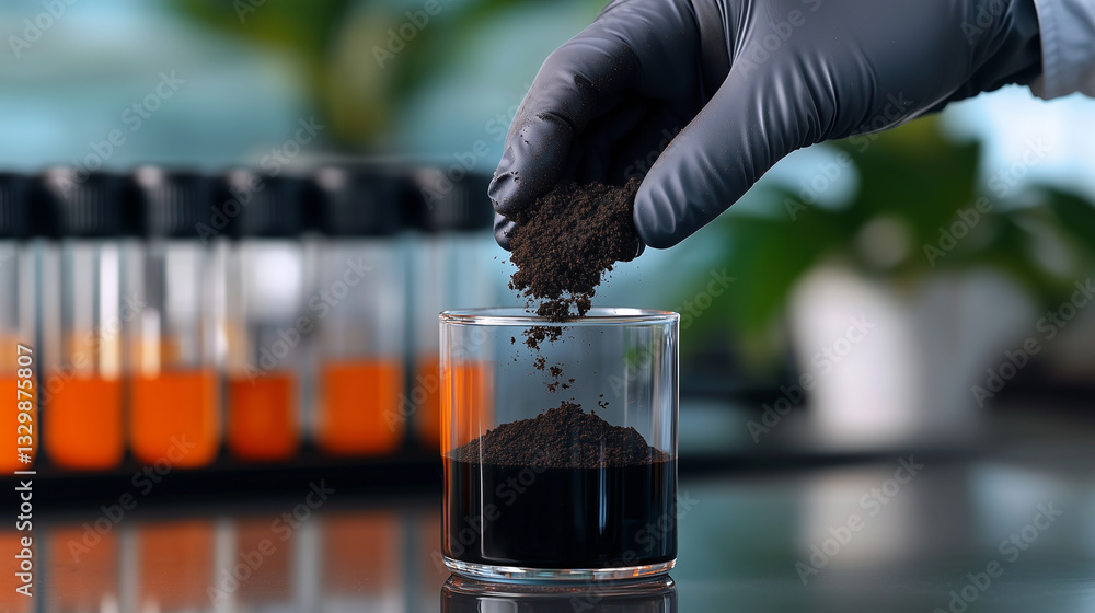 Poster a gloved hand pouring soil into a glass beaker, preparing a sedimentation test to observe particle s