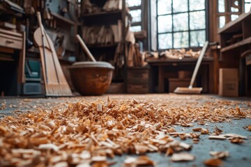 Wood shavings scattered on workshop floor. Shows woodworking process and craftsmanship.