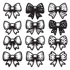 ribbon bow collection. Bowknot for decoration, big set of bowtie. Large retro handdrawn ribbon illustration set. Set of various cartoon bow knots, gift ribbons. 