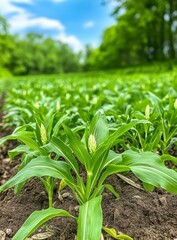 Obraz premium Vibrant Green Corn Plants in a Lush Field Under a Bright Blue Sky