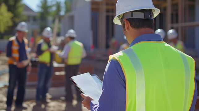 Construction Site Supervisor Holding Hard Hat and Blueprint with Engineers Discussing Project in Background