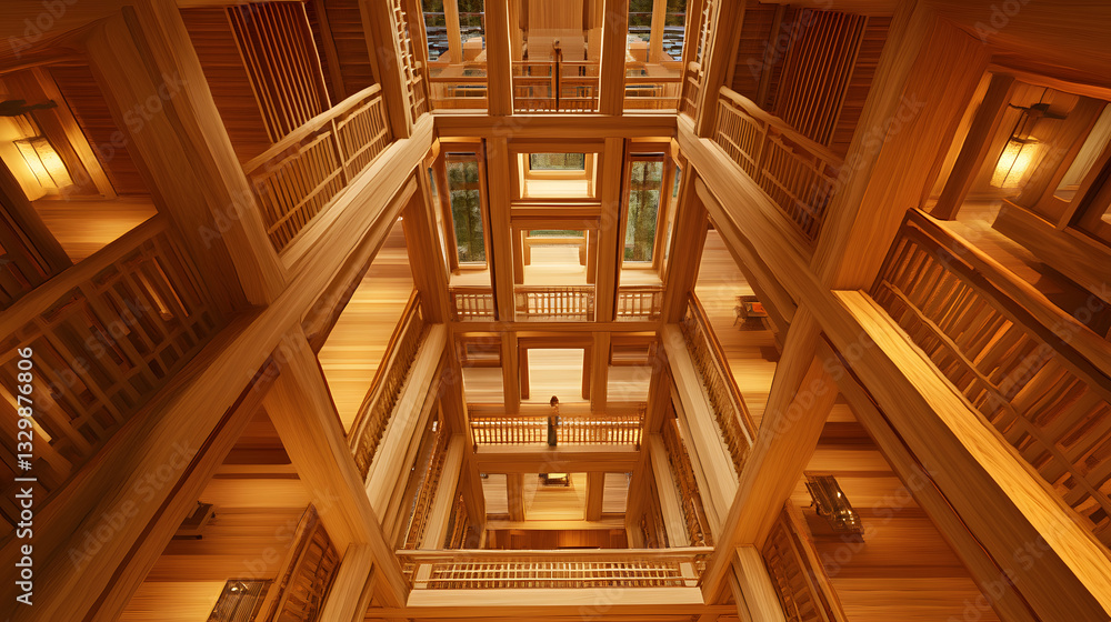 Poster very long wooden building showcasing linear symmetry and beautiful patterns evoking a sense of scale