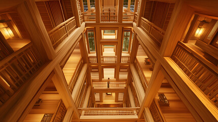 Very long wooden building showcasing linear symmetry and beautiful patterns evoking a sense of scale and craftsmanship in architectural design.