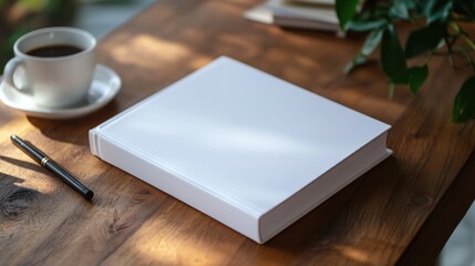 Blank book, coffee, and pen on a wooden table