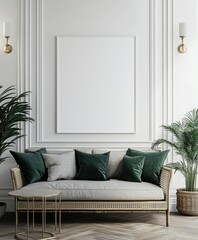 Naklejka premium Elegant living room mockup; sofa, frame, plants