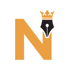 Crown Pen Logo combine with letter N
 vector template