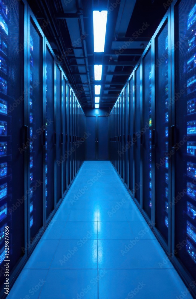 Poster illuminated hallway in data center with rows of server racks under blue lighting. technology and dig