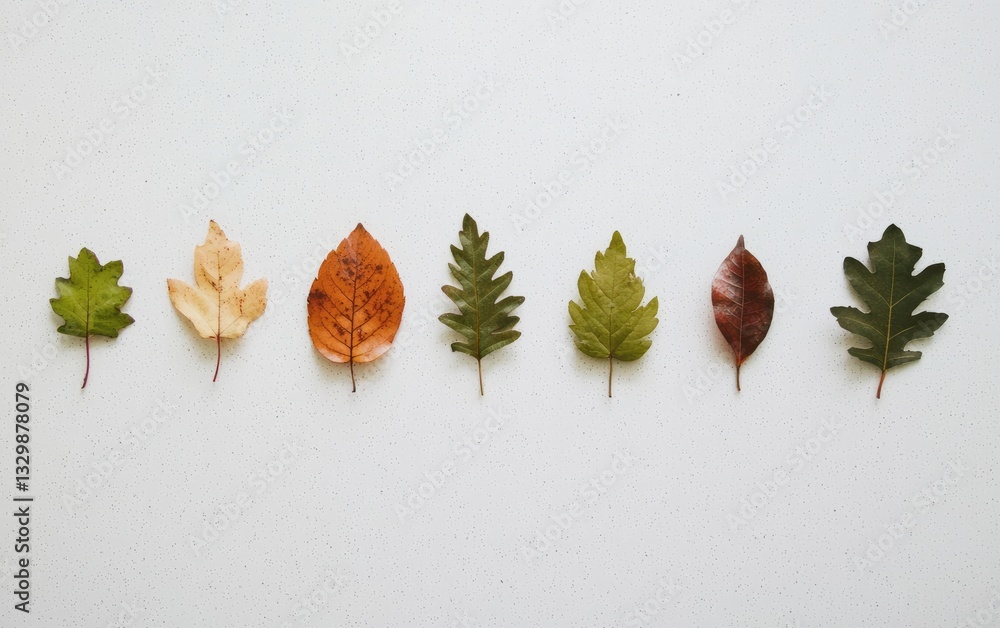 Poster seven colorful autumn leaves arranged in a spectrum of colors on a textured white background