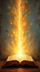Illustration of an open book with flames emanating from it against a mystical background, representing knowledge or revelation.