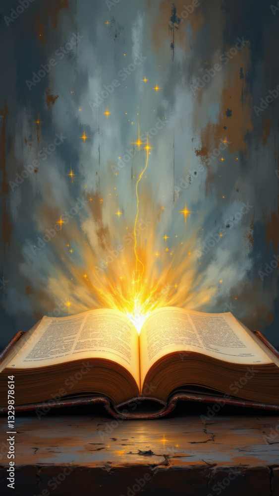Poster the image depicts a bible open to a page with glowing words and an aura of energy emanating from it,