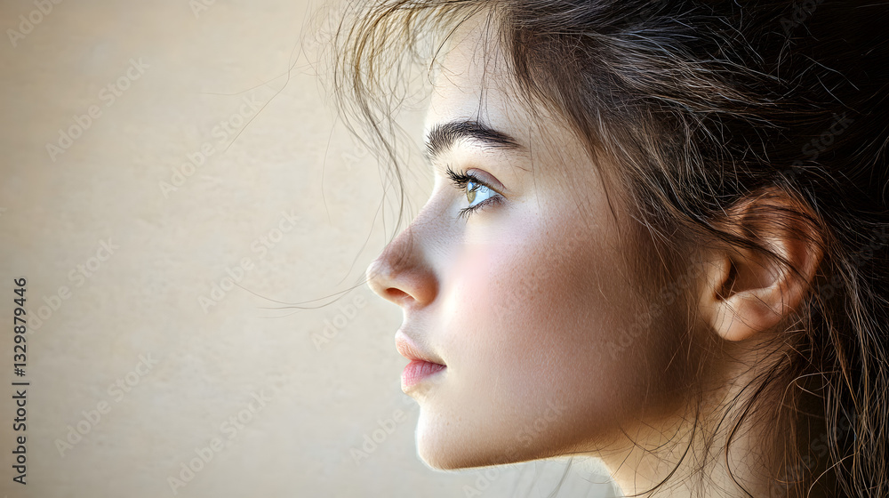 Poster a beautiful girl with long flowing hair surrounded by intricate linework patterns on a textured back