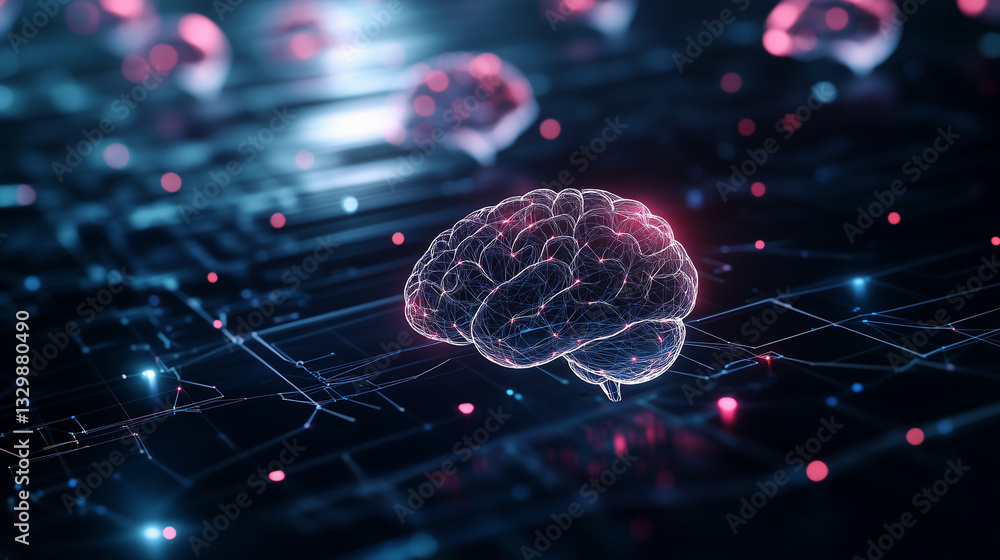 Poster a digital landscape featuring multiple luminescent brains connected by glowing fiber-optic pathways,