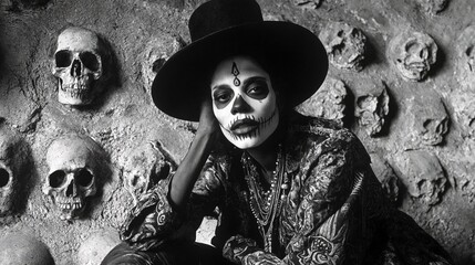 La escena muestra a una mujer con maquillaje de calavera frente a un fondo de calaveras, evocando el Día de Muertos.