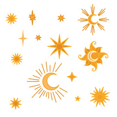 Obraz premium Tibetan sky. Golden moon, sun and stars. Japanese Korean Chinese cloud style. Asian traditional ornaments. Vector illustration