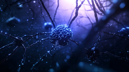 A digital composition of AI-driven minds, each brain radiating electric-blue light and forming an intricate web of machine learning processes.